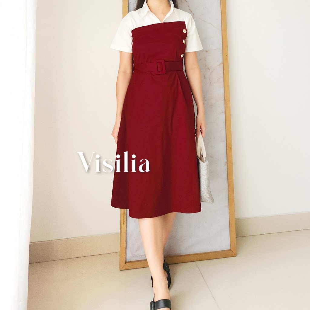 [VISILIA] Olivia Dress | Korean Midi Dress Kerah Kemeja Bahan Katun Premium Formal Casual Basic Offi