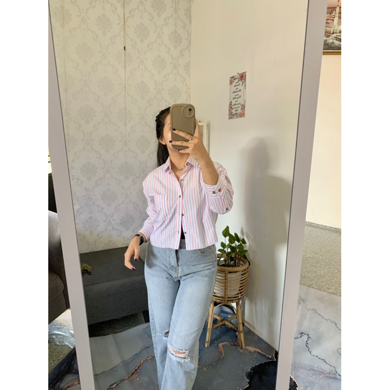 Kemeja Garis-Garis Lengan panjang Wanita