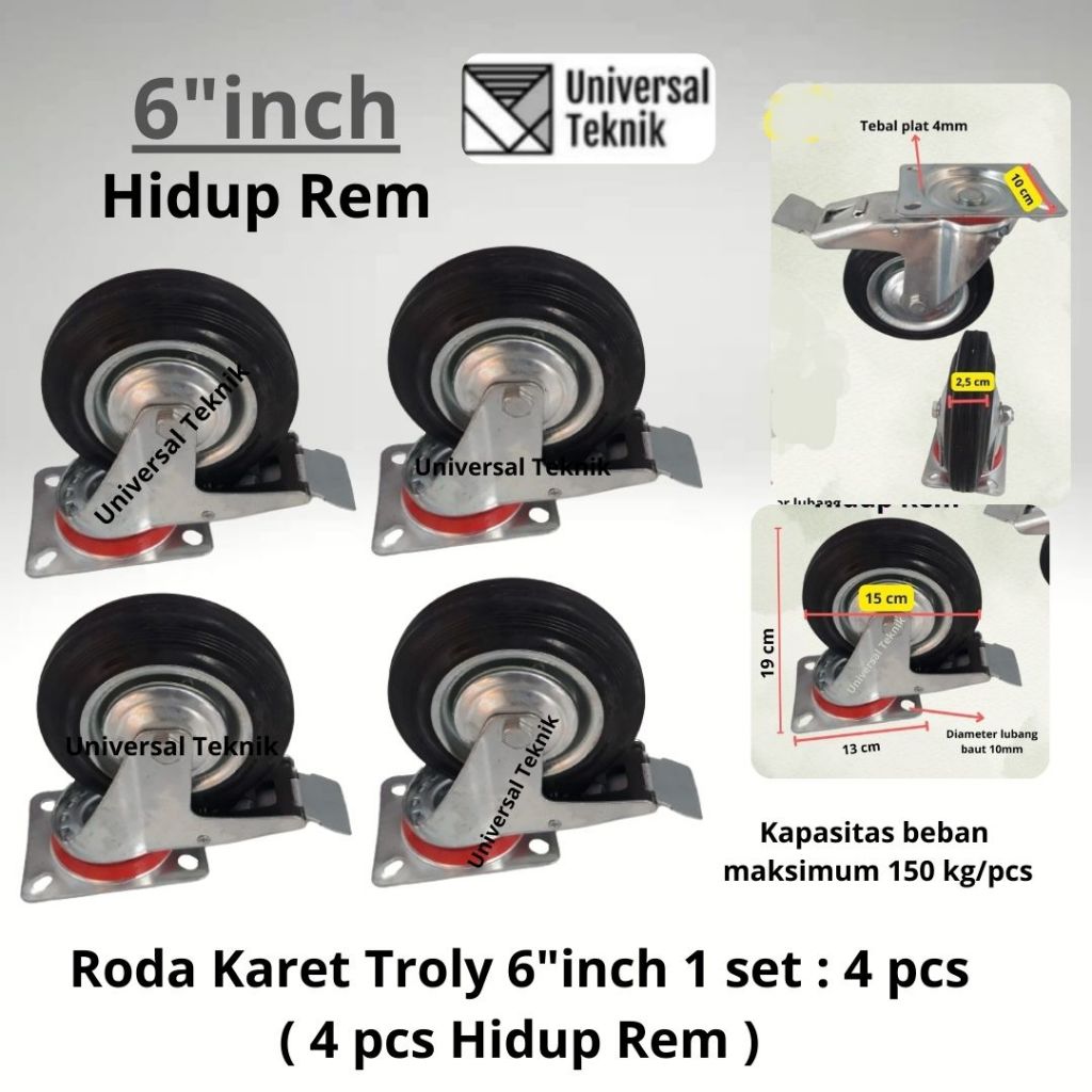 Roda Troli 6 inch Roda Karet 6 inch 1 set = 4pcs ( Hidup Rem )