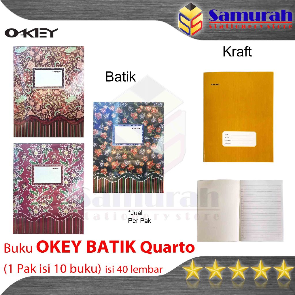 

Buku Tulis Quarto OKEY isi 38 Lembar Kraft / Batik Produk KIKY ukuran A5 Kecil - Kwarto isi 10 buku