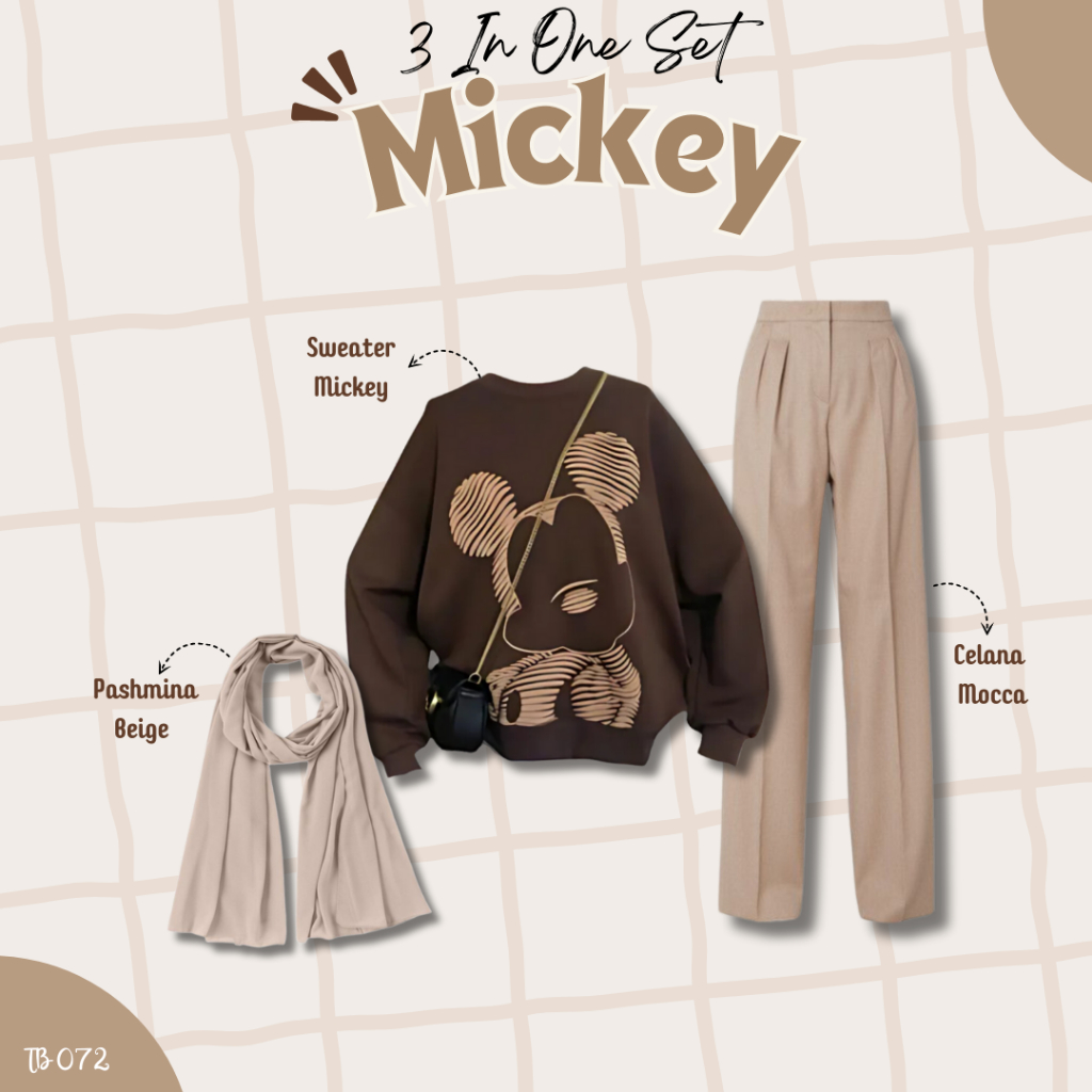 Oneset Baju Wanita Remaja 3 In 1 (Atasan Sweater Mickey, Celana Crinkle Mocca, dan Pashmina) TB 072