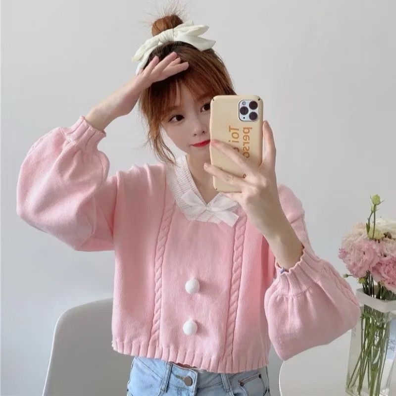[READY] Sweater kawai vintage pita kerah V Chesii Knite Sweater Rajut Wanita Korean Atasan Knitewear