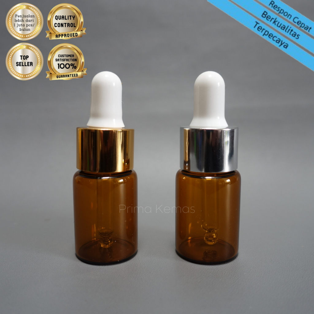 Botol kaca pipet 10 ml - botol kaca serum/ tetes - Botol Kaca Coklat 10 ml Pipet Ring Silver/ Gold