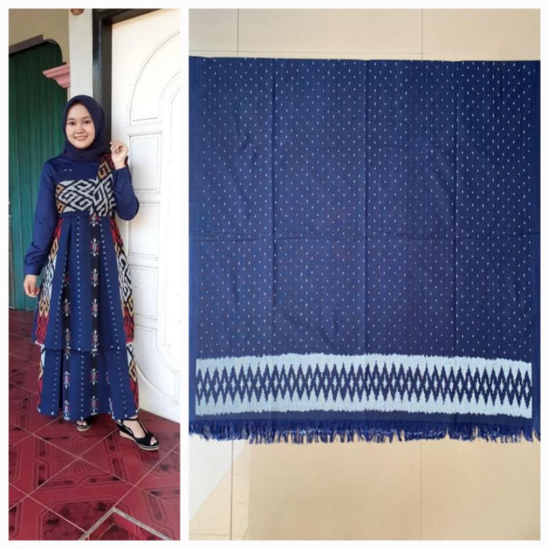 gamis busana muslim tenun etnik biru tua custom