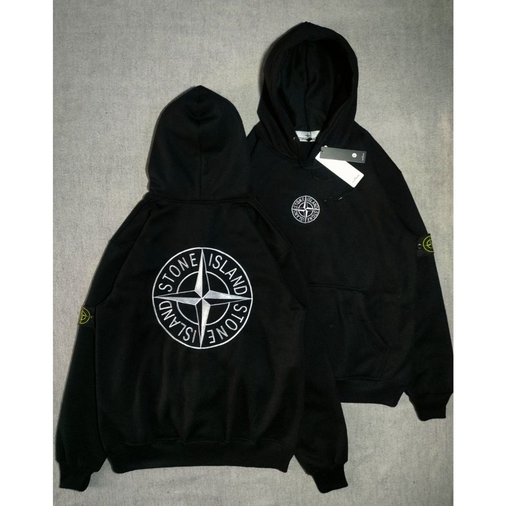 Sweatshirt Hoodie Stone Island Hitam Logo Bordir Putih Emblem Original Casual Premium / Jacket Sweat