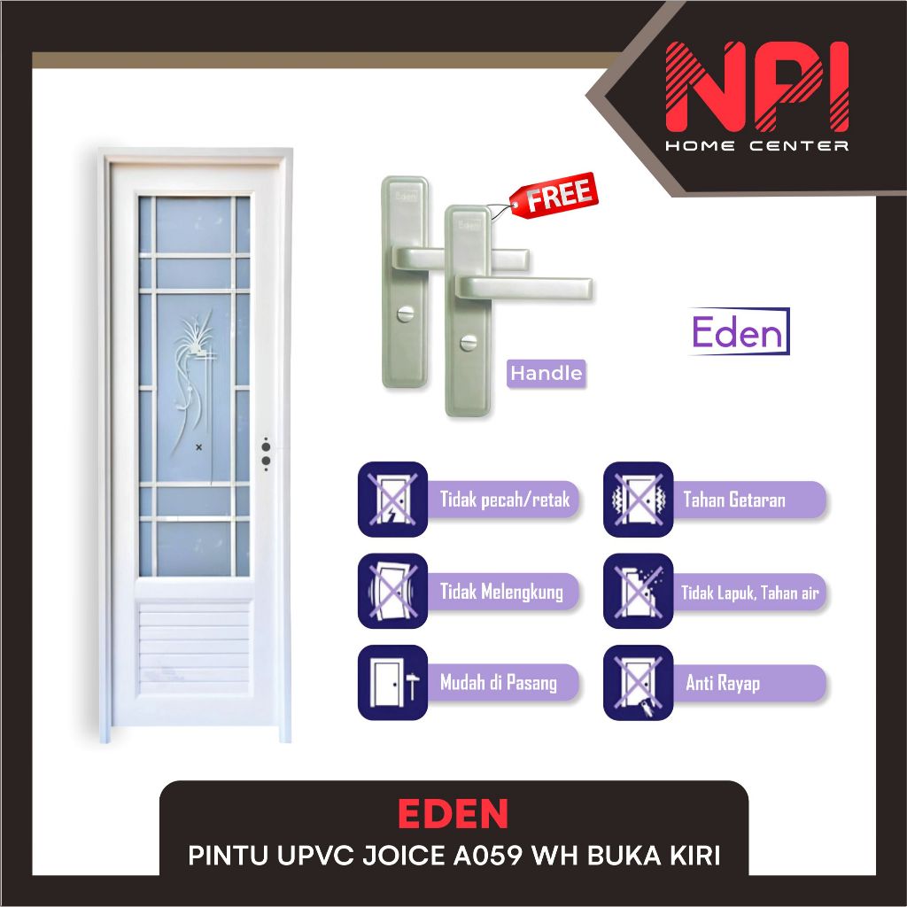 Eden - Pintu Kamar Mandi Wc Upvc Joice A059 WH Buka Kiri White