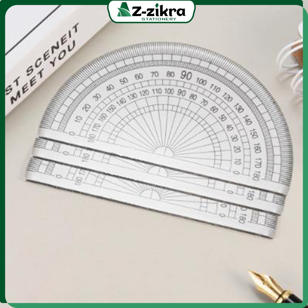

Penggaris Busur 180 Derajat Plastik Perlengkapan Sekolah / Plastic Protractor Half Circle Ruler Serbaguna Az-Zikra Stationery A108