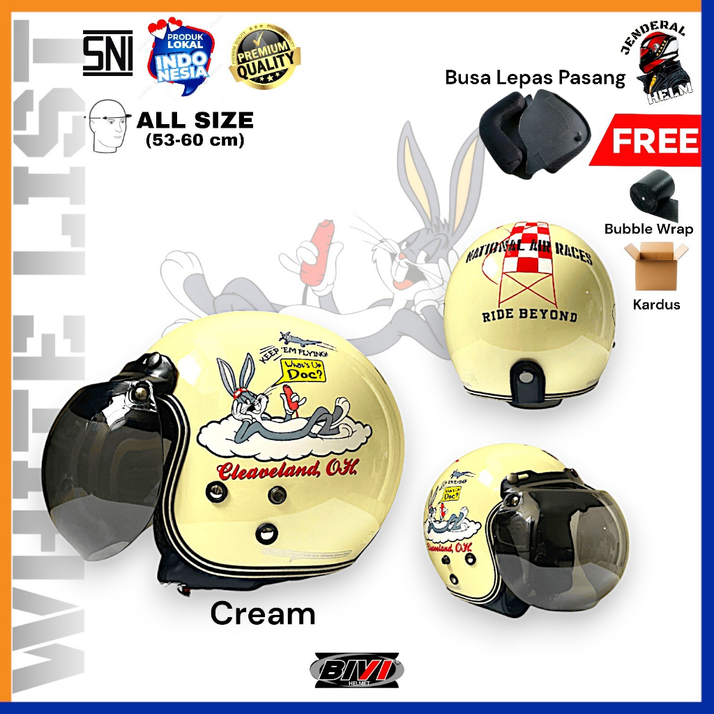 Helm Bogo Retro Motif Kartun List Putih BIVI Bogo SNI Half Face Jenderal Helm