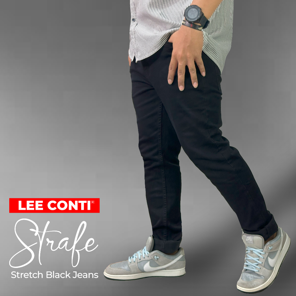 LEE CONTI Celana Panjang Pria Jeans Hitam Stretch Strafe