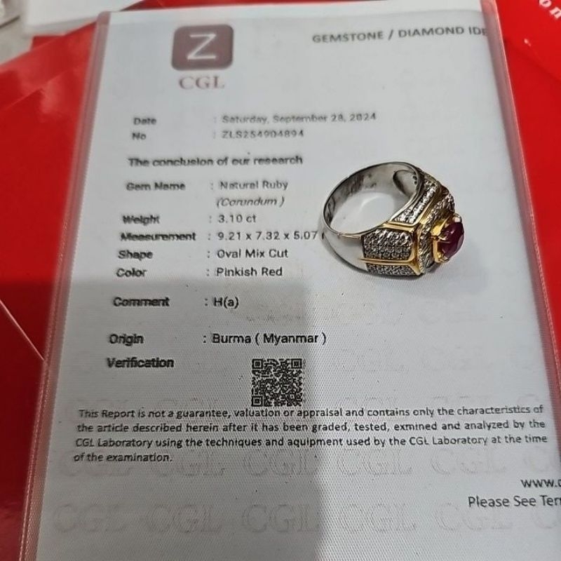 natural ruby 3.10 ct memo cgl sertifikat