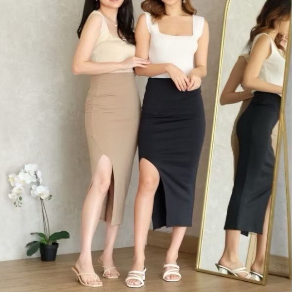 Rok Span 7/8 Rajut Belah Samping Wanita / Korean Skirt Span 7/8 Perempuan / Rok Span Rajut Polos /