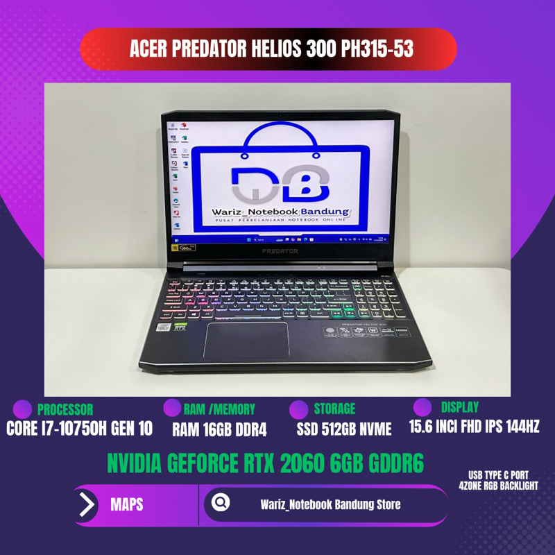 ACER PREDATOR HELIOS 300 PH315-53 i7-10750H NVIDIA RTX 2060 RAM 16GB SSD 512GB 15.6in FHD IPS 144Hz