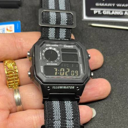 Casio AE-1200 Royale Stealth Black strap  French Marine Nationale Diver Parachute Parasut Elastic Na