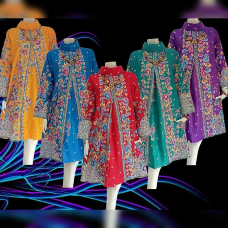 Tunik Batik Wanita Modern Warna Merah Mustard Lavender Biru Hijau Sage Model Terbaru Baju Pesta Wisu