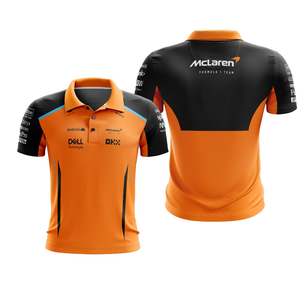 Baju Kaos Tshirt Polo Pria & Wanita Jersey Balap F1 2024 Mclaren Hitam & Orange Ver Full Print Custo