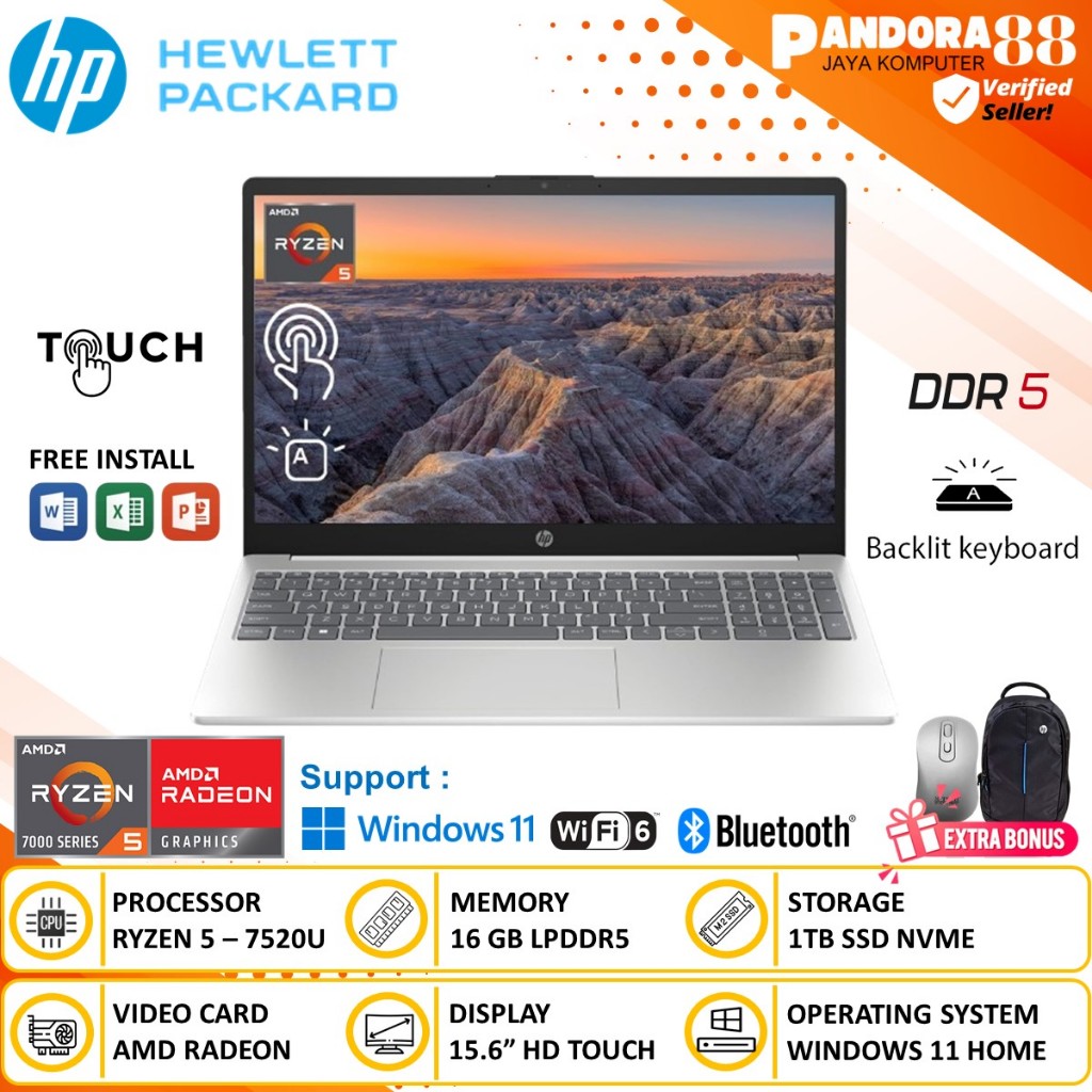 Laptop HP 15 TOUCH AMD Ryzen 5 7520U RAM 16GB 1TB SSD Windows 11 Baru