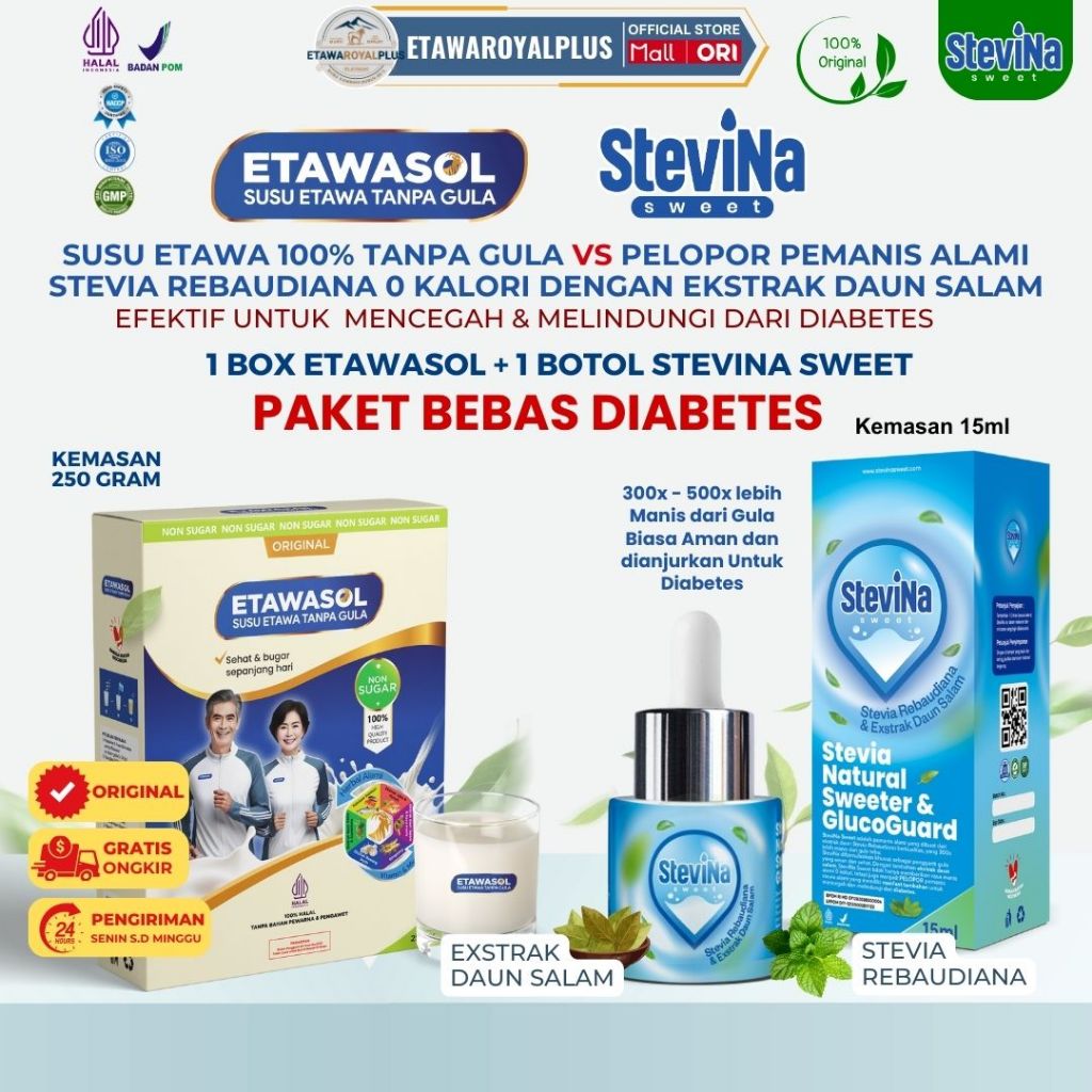 

Paket Sehat Diabetes 1 Box Etawasol&1 Botol Stevina Sweet Untuk Penderita Diabetes 0 Kalori
