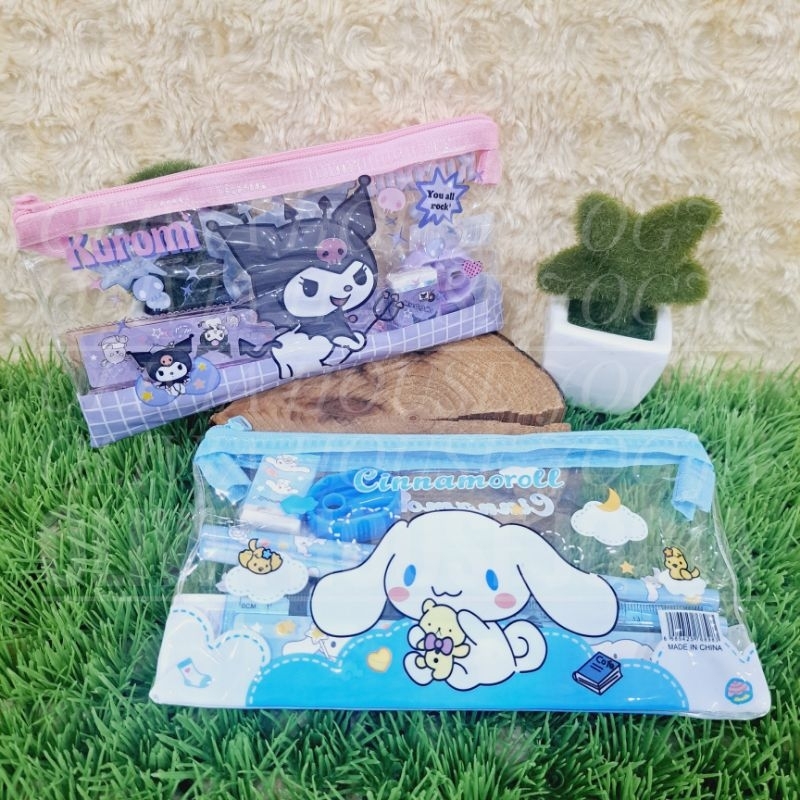 

Stationary Set Pouch Transparan Mini Note Cinnamoroll Biru 5in1 Pensil Case Set Kuromi Ungu 5in1