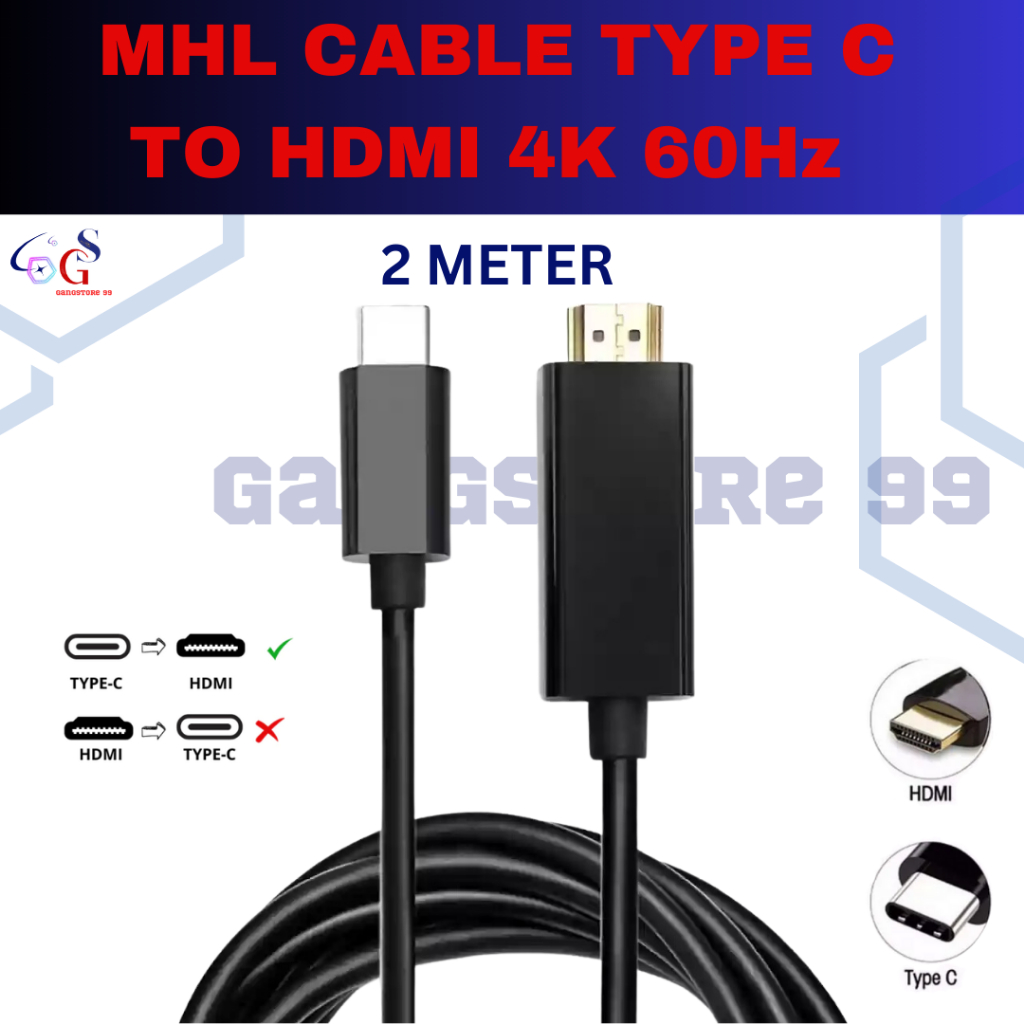 CABLE MHL TYPE C TO HDMI 4K 60Hz 2 Meter,  Type C to HDMI 4K UHD Converter Hp ke TV  Thunderbolt 3/4