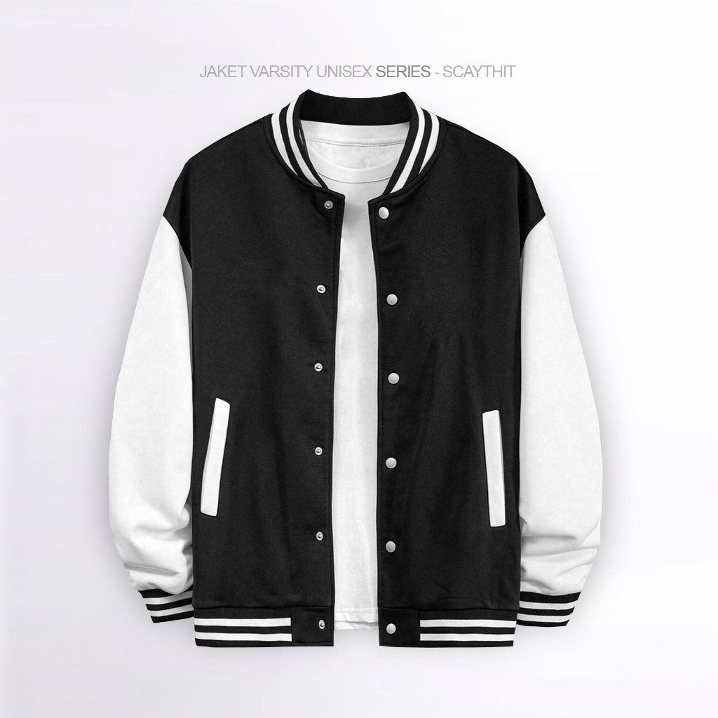 Scaythit - Jaket Varsity Polos Hitam Cream Unisex ( Pria - Wanita ) Remaja Dewasa
