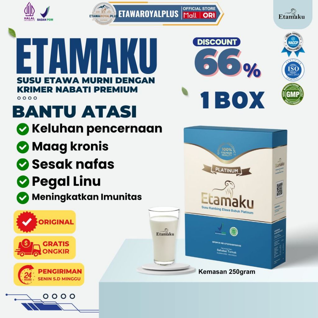 

Susu Kambing Etamaku 1 BOX - Susu Etawa Platinum Untuk Asam Lambung, Sesak Nafas dan Nyeri Sendi
