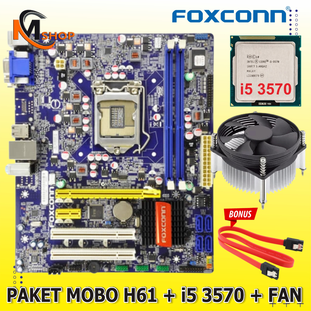 Paket Mobo Mainboard Motherboard H61 LGA 1155 DDR3 + Processor Intel Core i5 3570 i5 Gen 3 + Fan