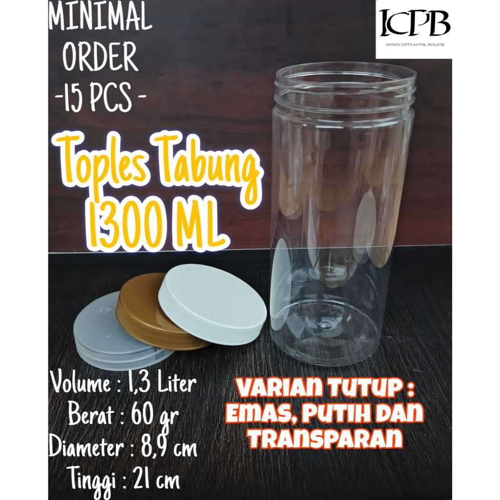 Toples Tabung 1.3 Liter / Toples Jar Plastik / Toples Snack Kue + Tutup Transparant, Putih dan Gold