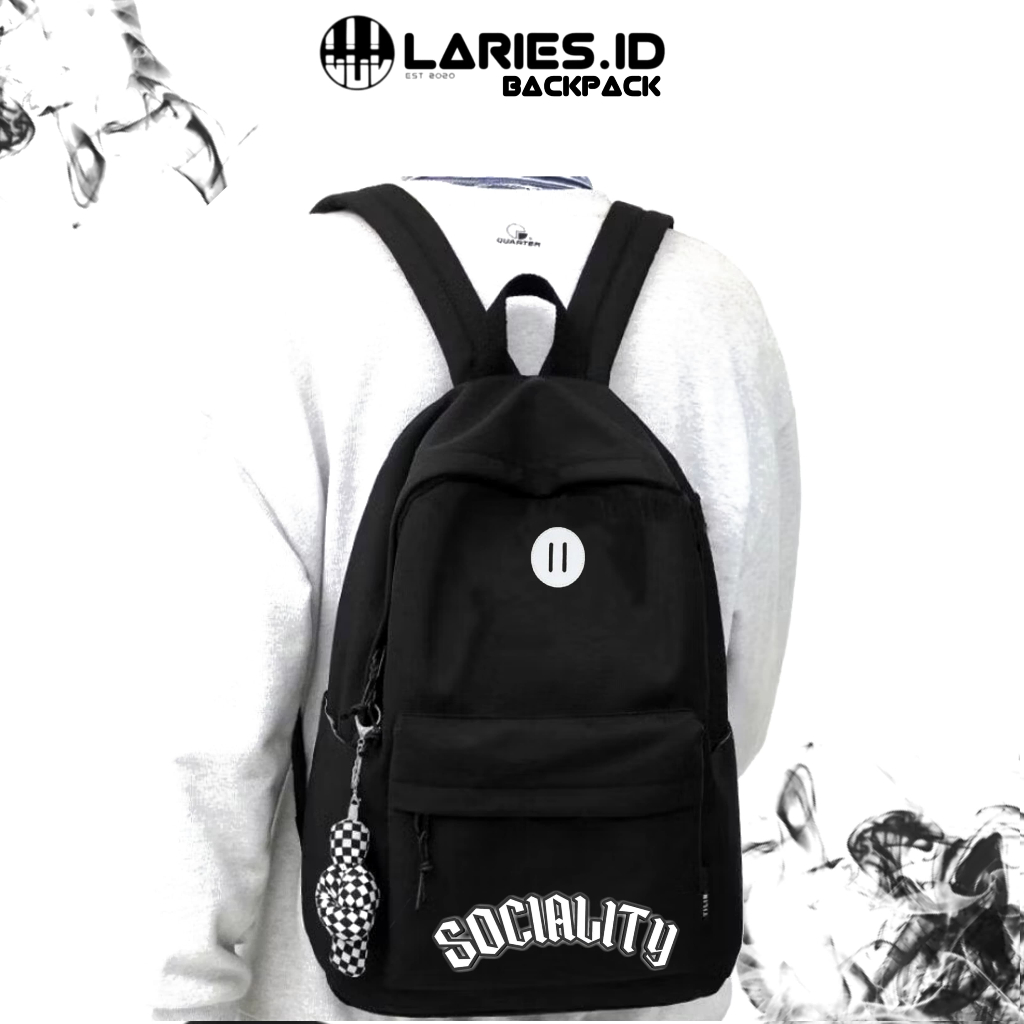 LARIESCO Ransel Tas Sociality Motif Tulisan Skeuna Trendy Kantong Tas Gendong Pria Wanita