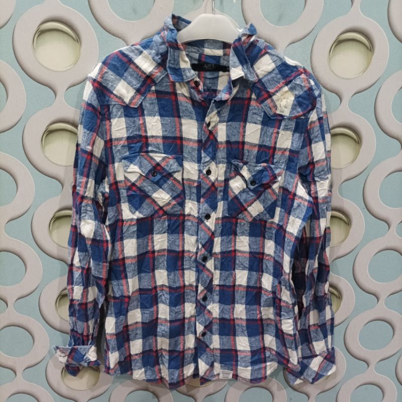 KEMEJA FLANNEL PRIA SECOND AZUL ORIGINAL SIZE XL FIT L NZS022