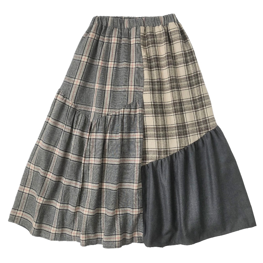 ROK FLANEL KOTAK ABU KREM PATCHWORK PANEL ABU POLOS JEPANG KOREA IMPORT