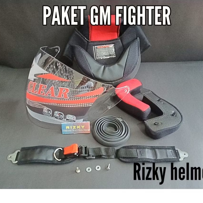 Paket  helm GM fighter, Busa helm GM Fighter Kancing Plastik, kaca helm, tali helm, lis karet