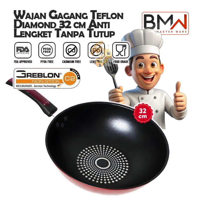 Wajan Gagang Teflon Diamond 32 cm Anti Lengket Tanpa Tutup