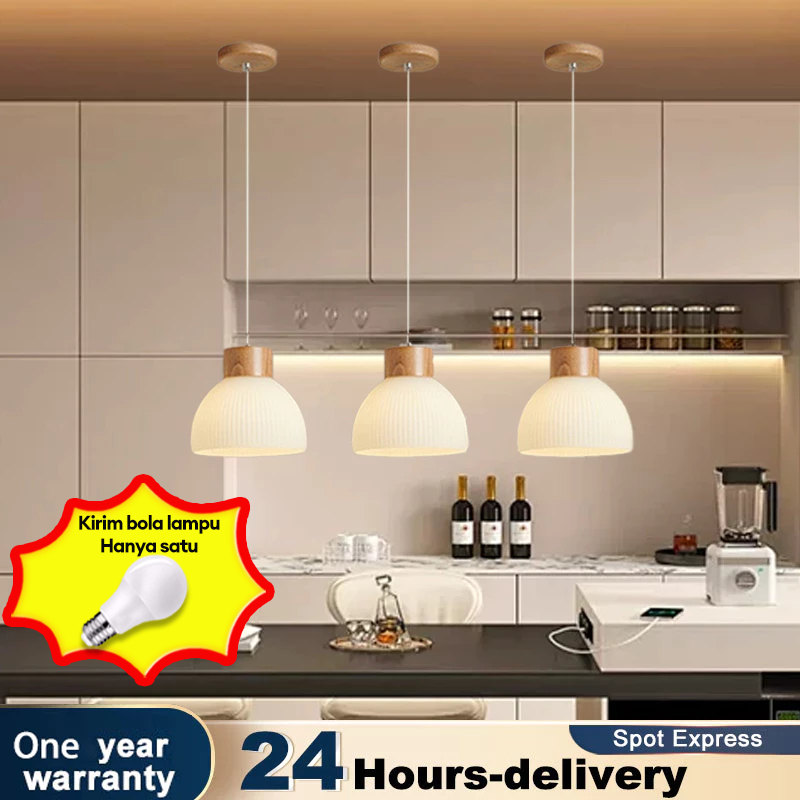 Lampu Gantung Kayu Solid Minimalis Kaca Kap Lampu Menghias Ruang Tamu Dan Ruang Makan Bar Kafe