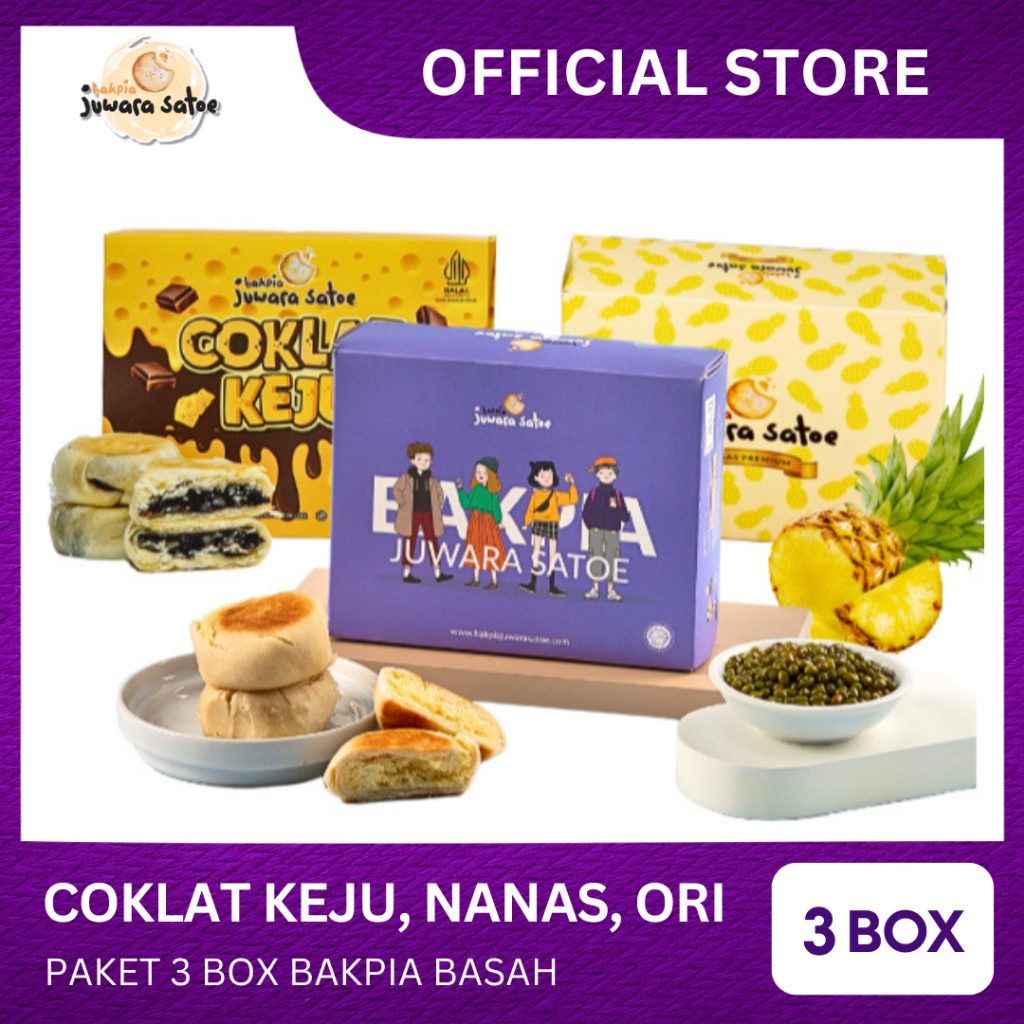 

[ 3 BOX ] PAKET BAKPIA BASAH (COKLAT KEJU, NANAS, ORI) - BAKPIA JUWARA SATOE