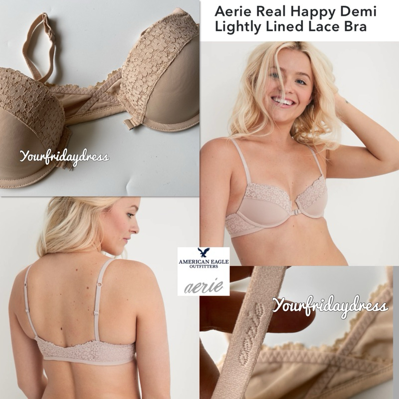 Aerie Real Happy Demi Lightly Lined Lace Bra Front Closure Lace Racerback Gel Push Up Bra / VS BH Or
