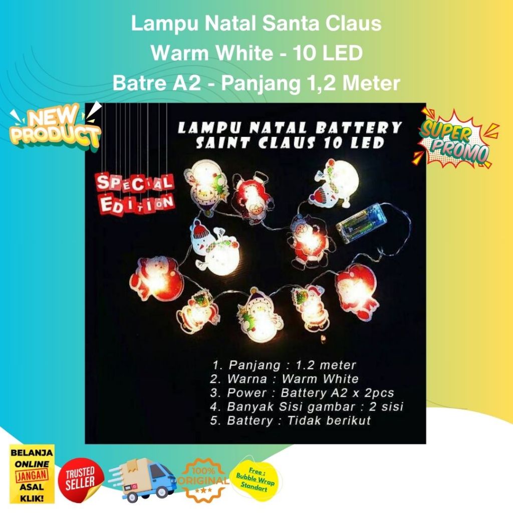 Lampu Hias Natal Model Santa Claus 10 LED Panjang 1.2 Meter Warm White
