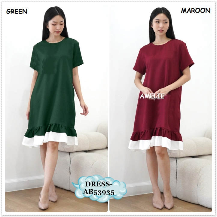 AB53935 Mini Dress Pesta Natal Imlek Sincia Wanita Korea Import Merah Maroon Red Hijau Emerald Green