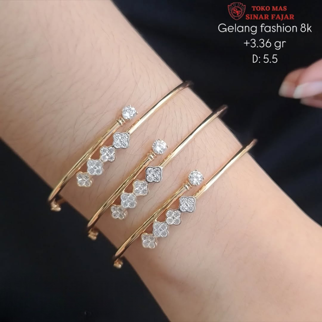 Gelang bangle emas motif bunga kadar 8k/375% kadar muda berat mulai 3.36 gr