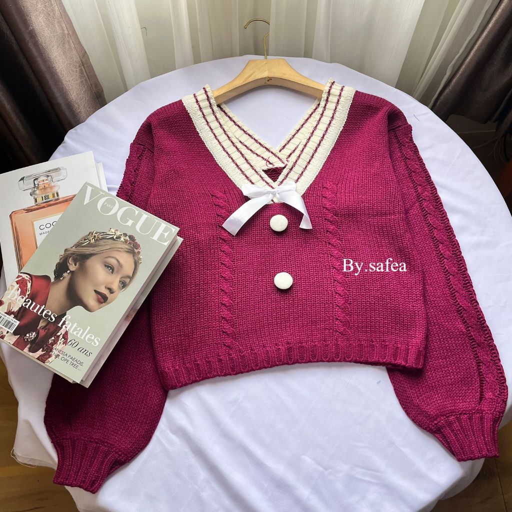 Aura Sweater Rajut Crop Atasan Wanita Leher V-Neck Lengan Balon Korean Style Premium