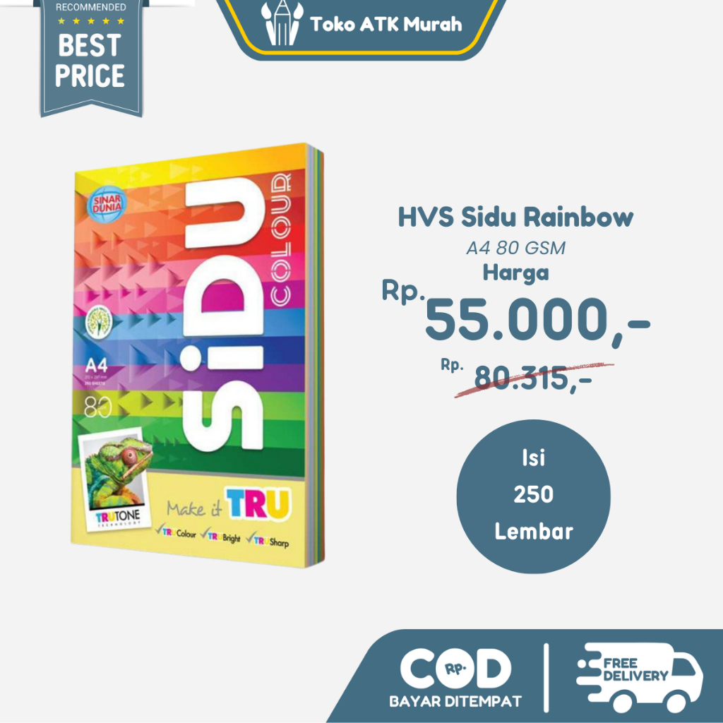 

Kertas HVS Warna Sidu Rainbow A4 80 Gram Sinar Dunia – 1 Pak 250 Lembar | 10 Warna