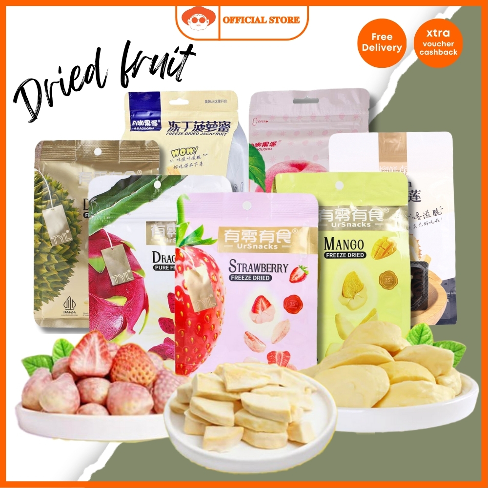 

TYL Dried Fruit Snack Buah kering Vacum Freeze Dried Buah Kering Strawbery Mango Apel Durian Nangka