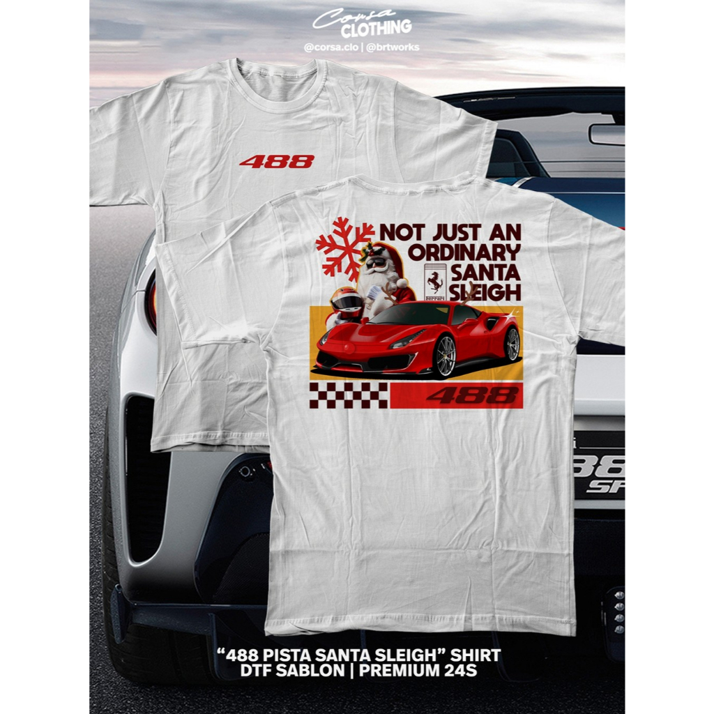 Kaos Mobil FERRARI 488 PISTA Santa Sleigh Christmas Natal