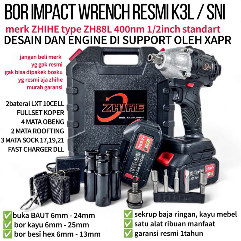 COD IMPACT WRENCH ZHIHE ZH88L 400NM MESIN BUKA BAUT IMPACT ZHIHE 399V 2 BATERAI ZH88L