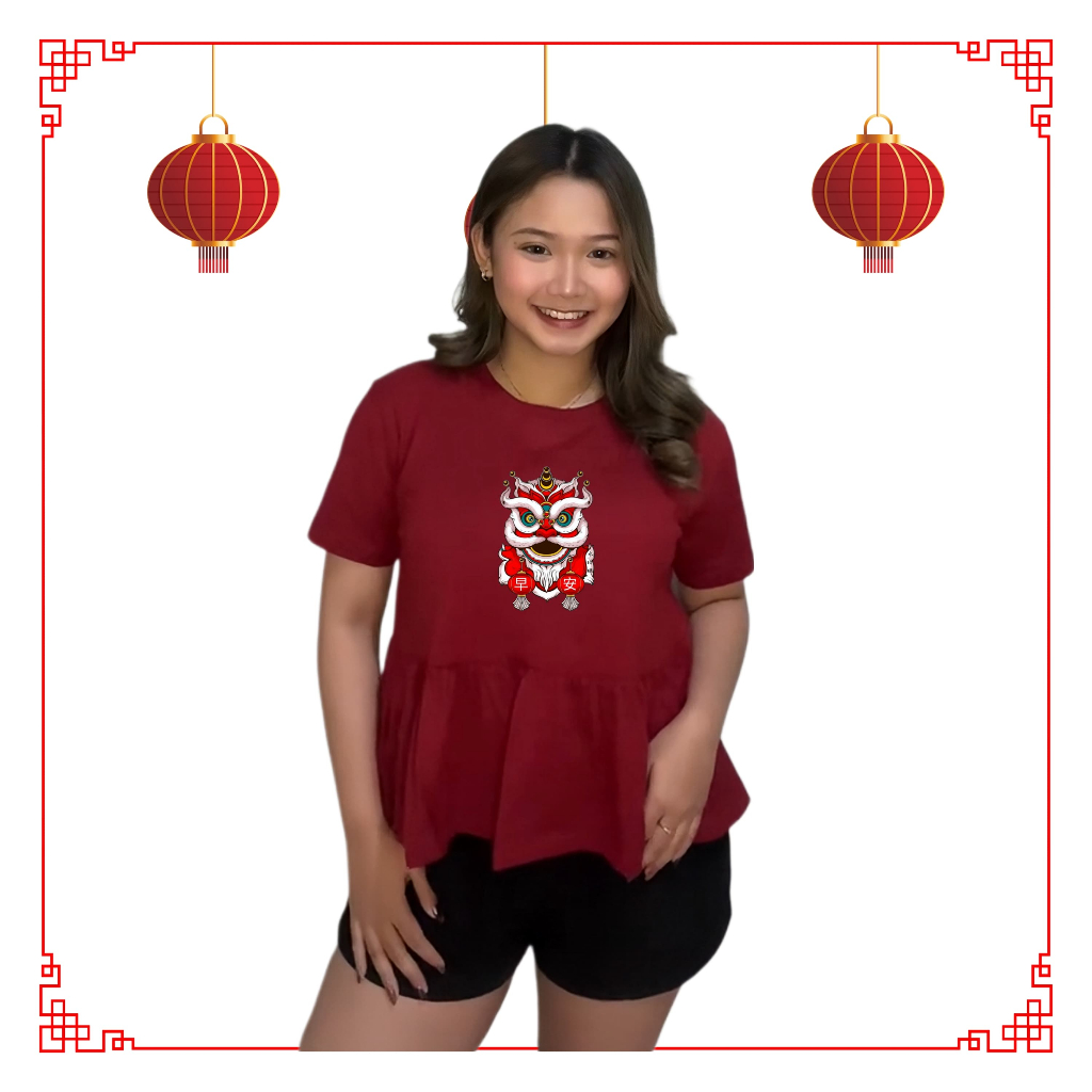 Kaos Wanita Terbaru Motif Imlek Natal Dewasa Rumbai CN2 Baju Cewek Atasan Kekinian Murah Warna Merah