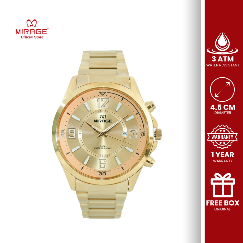 Mirage Original Jam Tangan Analog Pria Gold Emas Casual Formal 8788 M Anti Karat Bergaransi 1 Tahun