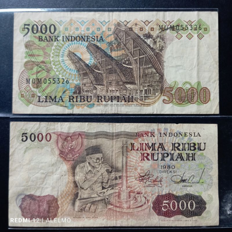 uang kertas 5000 pengasah intan tahun 1980 bekas