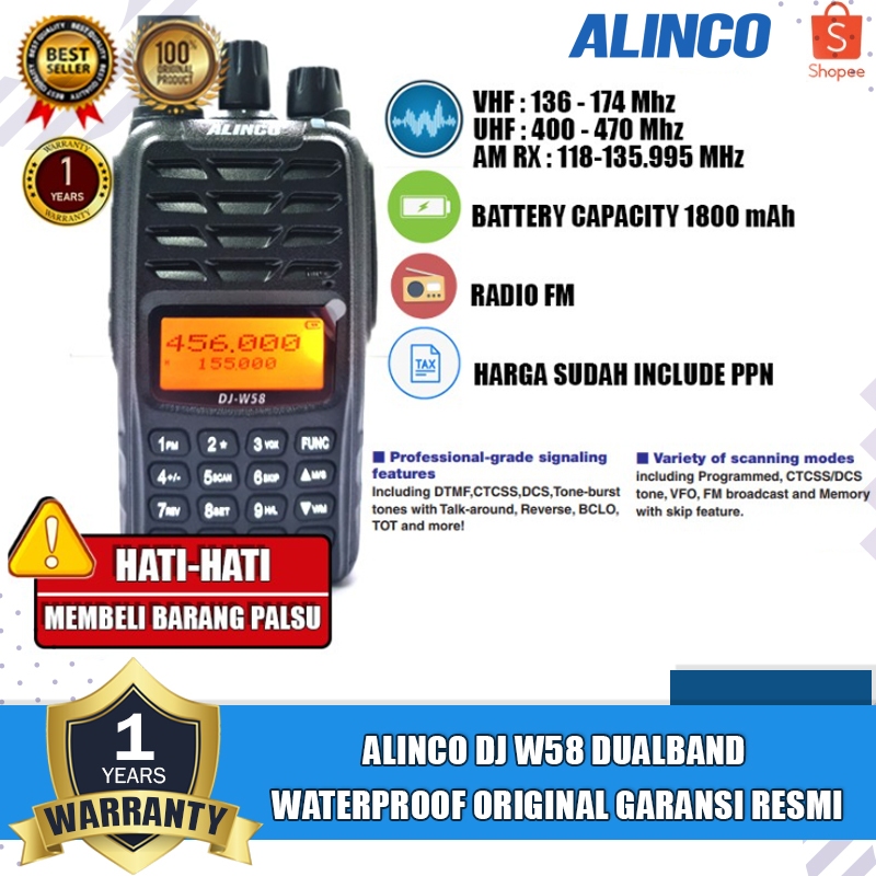 ALINCO DJ W58 Dualband Dj W 58 Waterproof IP67 Ht Alinco Dj W58 W 58 W-58 Original Garansi 1Tahun