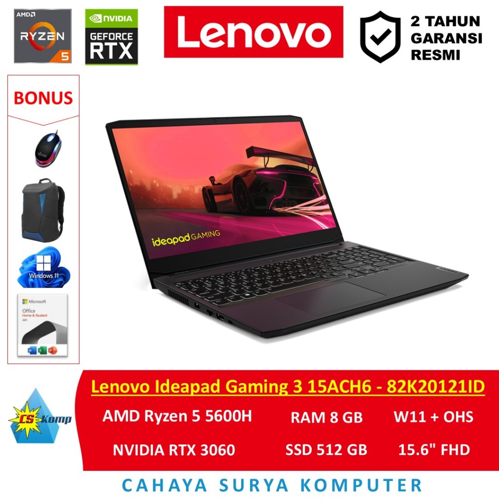 Lenovo Ideapad Gaming 3 15ACH6 82K20121ID AMD Ryzen 5 5600H RAM 8GB SSD 512GB NVIDIA RTX 3060 W11 OH