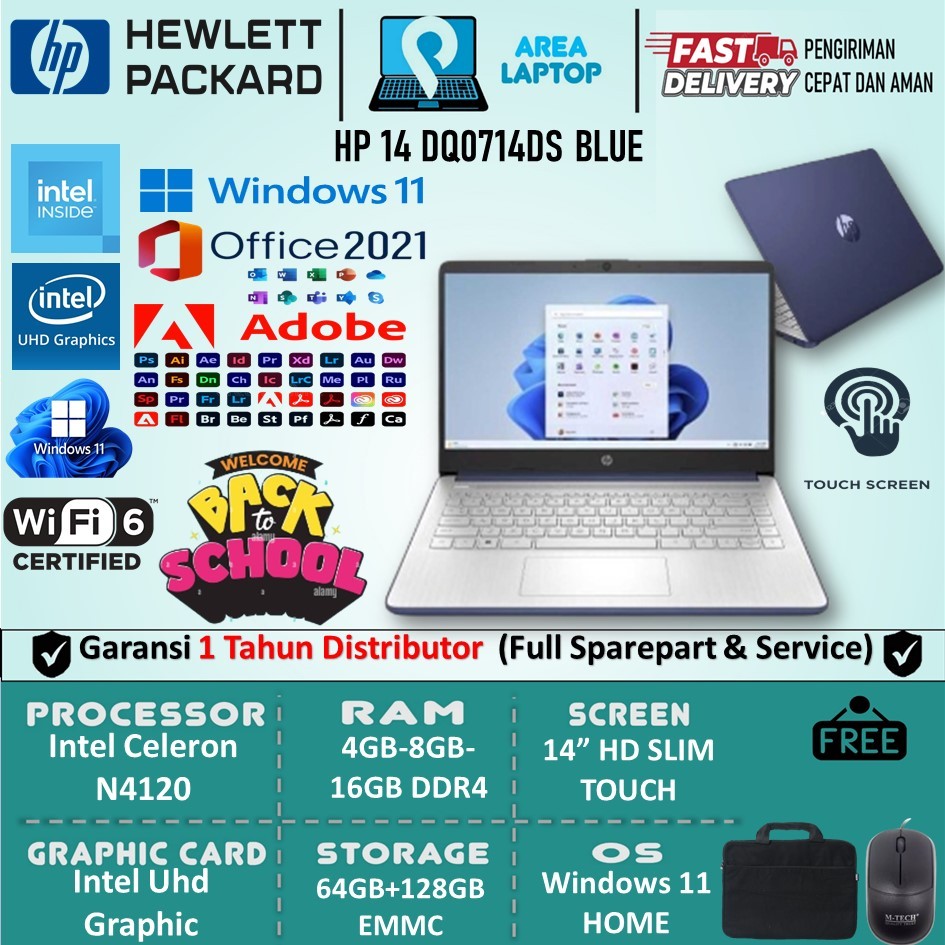 Laptop Pelajar Termurah HP 14 N4120 8Gb 64Gb+128Gb EMMC Touchsren Win11 Home