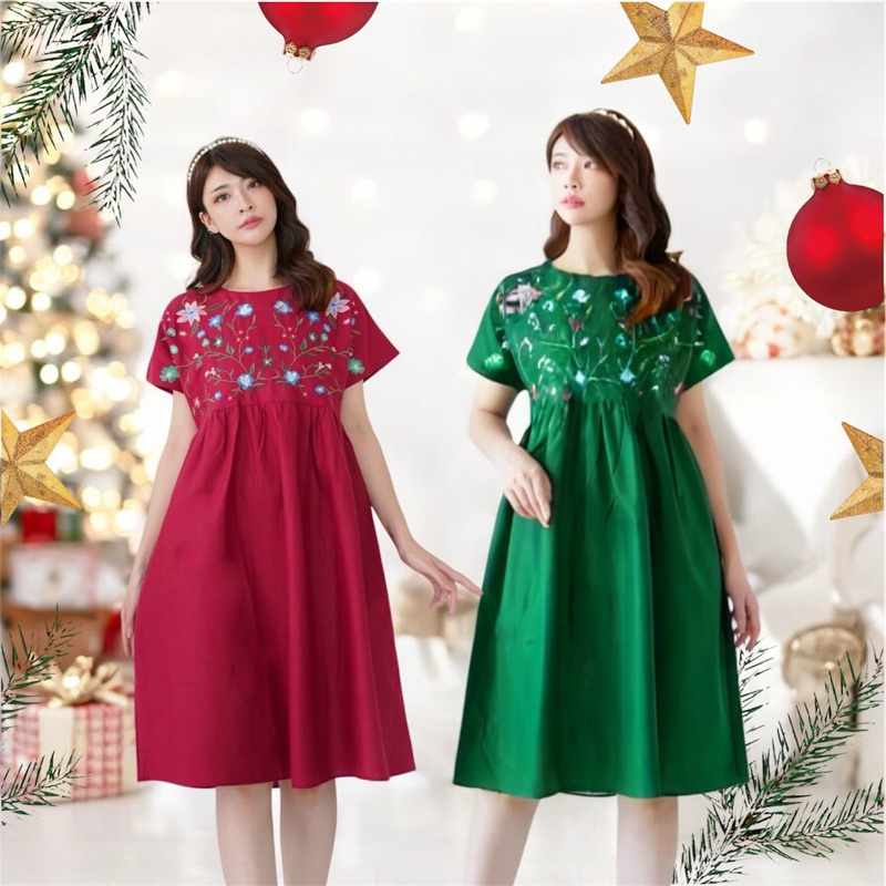 Foria 2676 linen dress - terusan bunga wanita casual korea merah hijau natal